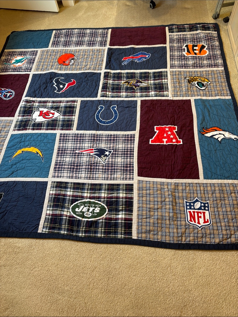 Pottery Barn Teen Navy, Burgundy, Teal, Cream NFL Patchwork Quilt